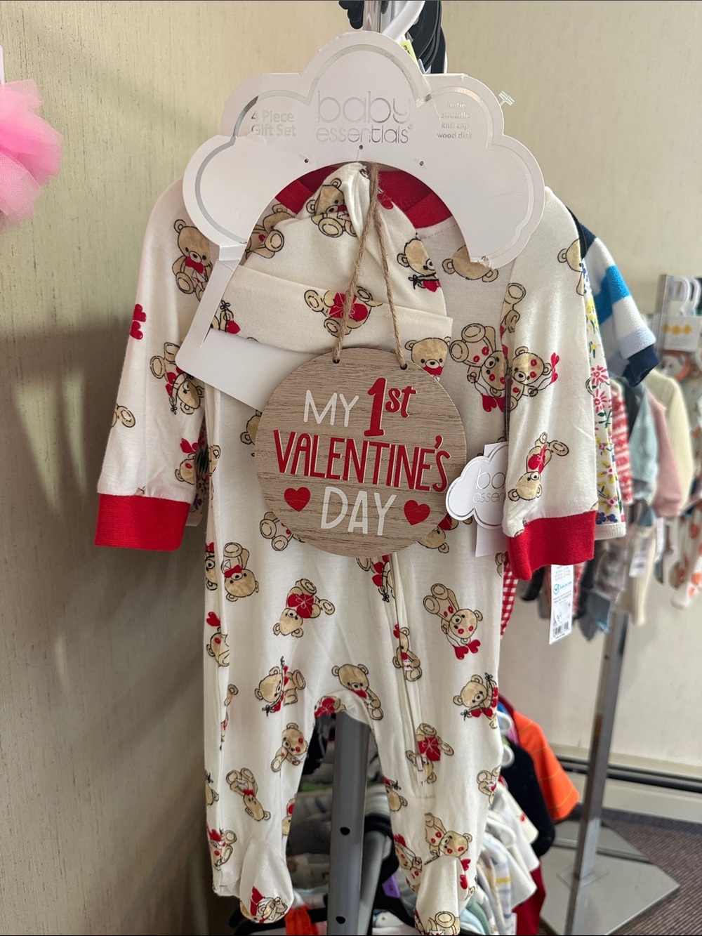 Baby Essentials Cream Teddy Print One-Piece with Red Trim
